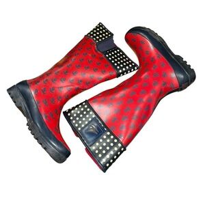 Sperry Top-Sider Womens 7 Pre-Owned Red‎ Anchor Polka Dot Waterproof Rain Boots
